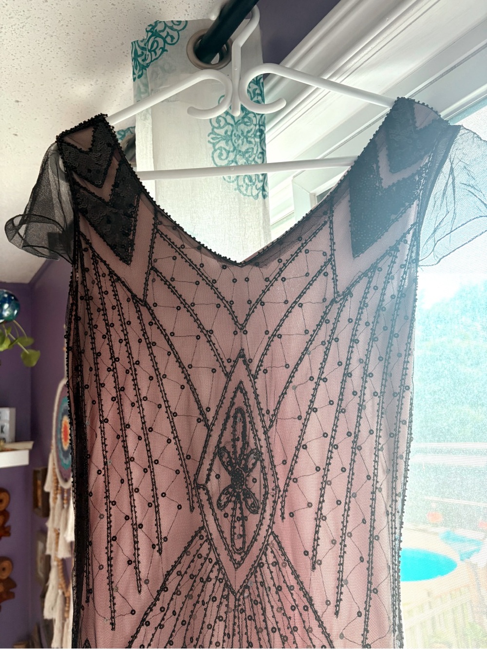 1920s-vintage-style Beaded/sequin Black Overlay Dress with Blush Pink Lining